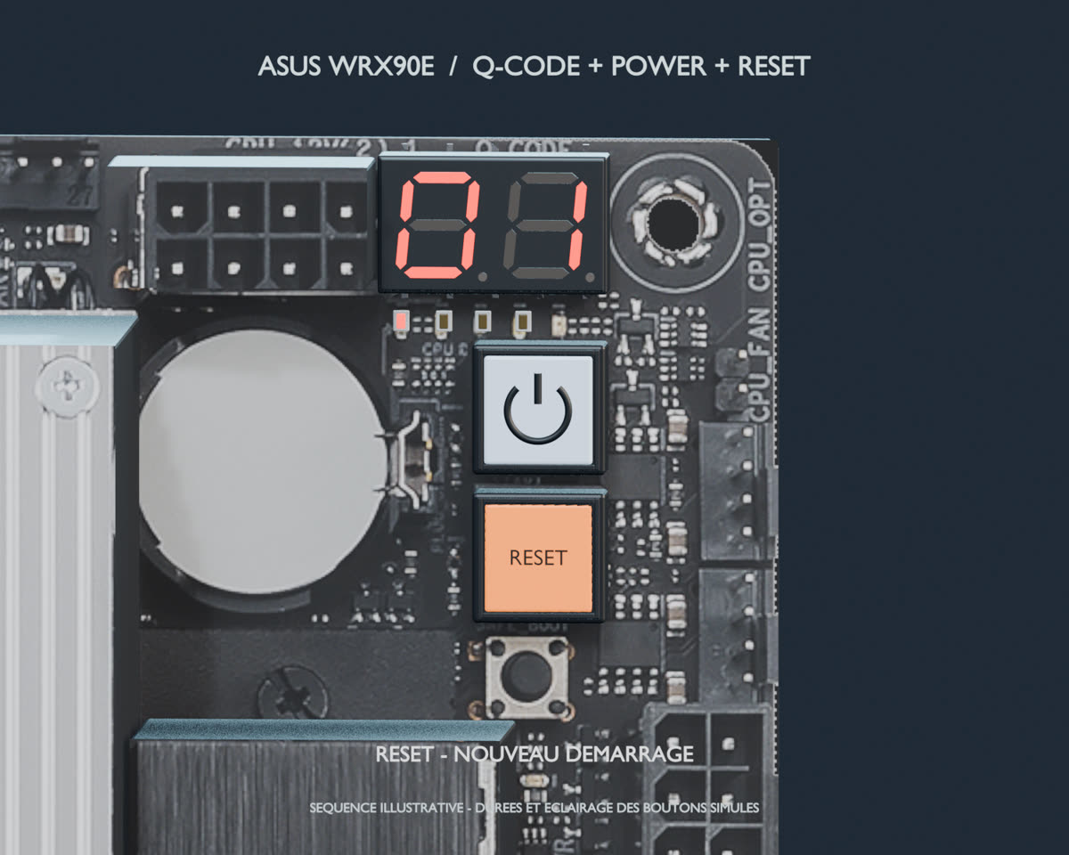 Bouton Reset enfoncé, impulsion orange, le POST recommence.